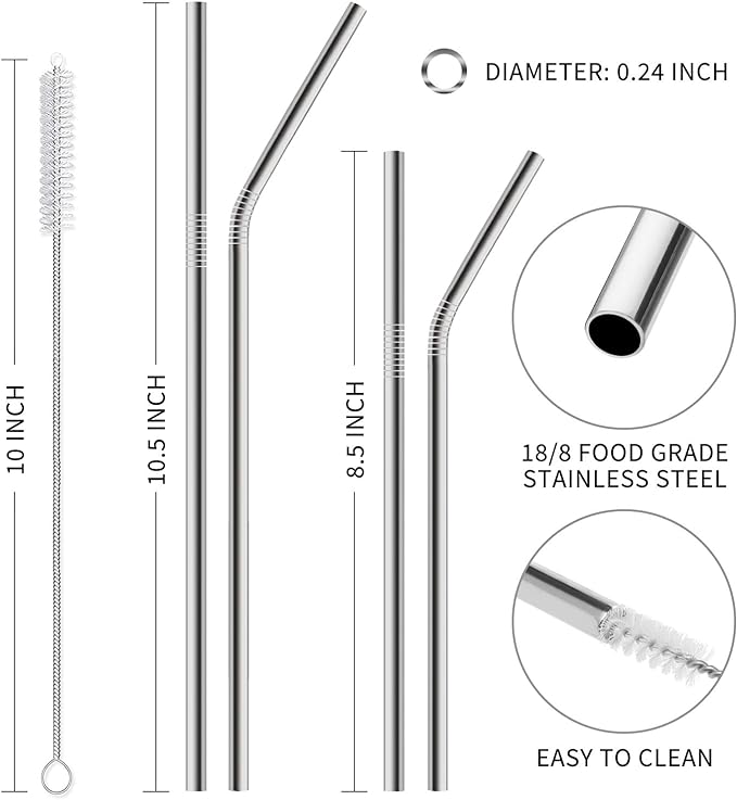 12-Pack Reusable Stainless Steel Straws